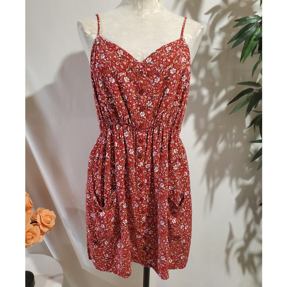 Vtg 90s Y2K Justify Floral Smocked Button Dress Junior Sz L Red Cottage Pockets - Picture 1 of 12